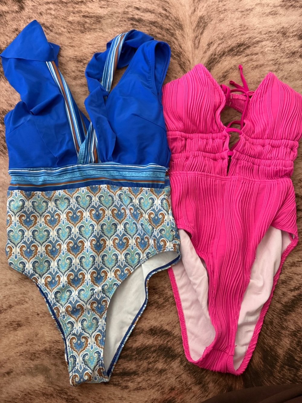 Blue Patterned & Pink One-Piece Swimsuits - Womens